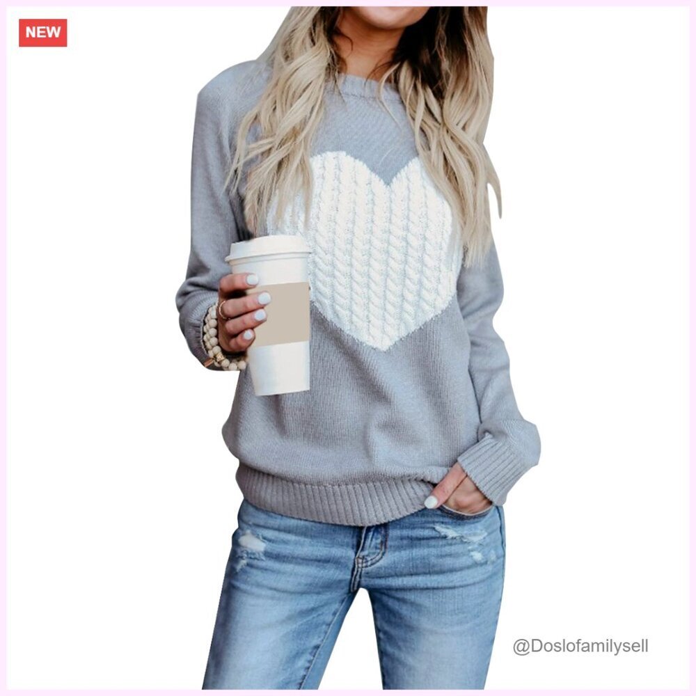 Cute Heart Sweater Long Sleeve Crewneck Pullover Ribbed Knit Casual Y2K